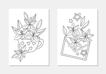 Fototapeta premium vector mug cup envelope lily flower leaf bouquet composition line art coloring book page