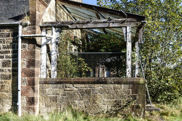 Ruined porch Bangour Village Hospital; Dechmont, near Livingston, Scotland.  The site has been...
