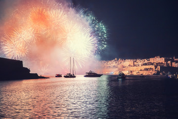 Malta Valletta night Festival of fireworks. Travel concept