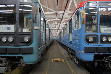 Naklejka premium Inside the Kaluzhskoye electric depot for the maintenance and repair of passenger trains and cars of the city metro. Moscow, Russia