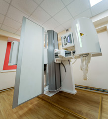 X-ray room in a hospital. Classic ceiling-mounted x-ray system.