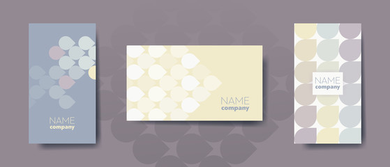 Set of three light elegant abstract business cards with graphic elements and text. 