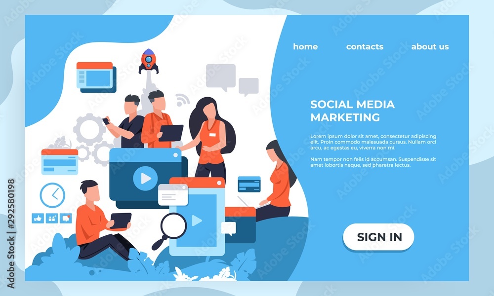 Aufkleber marketing landing page. seo and business analytic concept with cartoon characters, web page design t