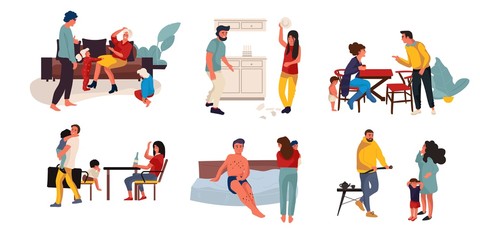 Obraz premium Family conflict. Trendy cartoon scenes of fight between family members, parents and children at home. Vector illustration relationship people problems angry couple break up