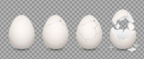 Cracked egg. Cartoon 3d realistic chicken broken eggs with cracks and smithers. Vector illustration culinary ingredient set on transparent background