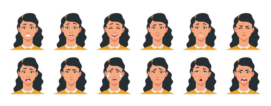 Face expression. Cartoon girl character with sad happy angry surprised emotion. Vector illustration beautiful woman avatar constructor with facial expressing joy scared cheerful