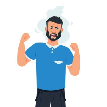 Cartoon angry man. Flat unhappy male character with negative stressed face expression. Vector desperate shouting guy with frustrated expression or emotions rage