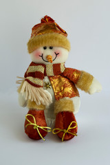 cheerful snowman in a fur hat and scarf, in a jacket on a white background. Concept of winter, christmas and new year. Isolated christmas symbol.