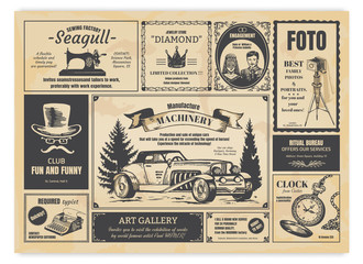 Vintage newspaper advertising. Newsprint labels with retro fonts, frames and old illustrations. Vector realistic background press advertising with announcements for fashion design work - obrazy, fototapety, plakaty