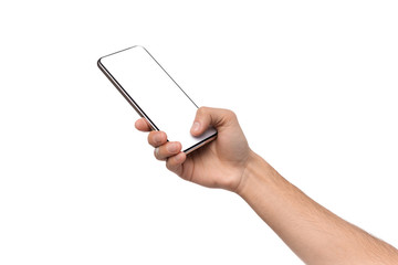 Male hand holding and touching blank smartphone screen with thumb