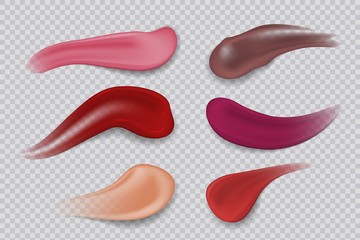 Lipstick smudge. Realistic sample make-up product. Lipsticks 3D strokes cosmetic smear. Vector illustration gloss colors products decorative makeup for woman lips on transparent background