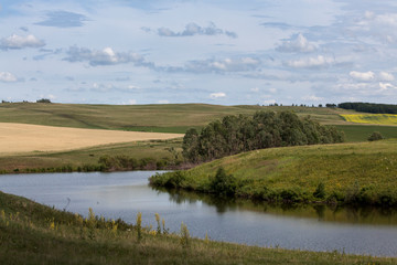 Reflection of yellow fields and cloudy sky in the lake.