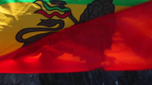 Rastafari's flag floating in the wind, with the rasta lion, symbol of the Tribe of Judah. African patriotism for an Africa united, green, yellow and red colors. Wind create a texture effect. France