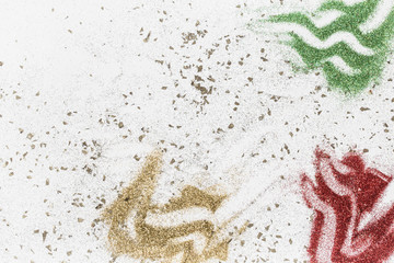 White background with colorful sequins, yellow, green, red .