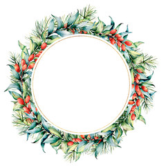 Watercolor Christmas wreath with berries and eucalyptus. Hand painted fir border with barberries, eucalyptus leaves isolated on white background. Holiday floral print design, print or background.