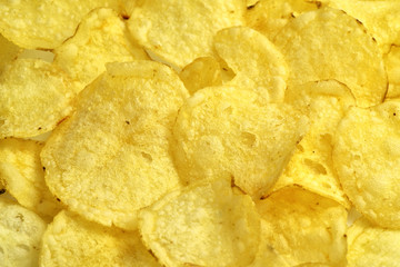 crispy potato chips snack texture, food background, close-up