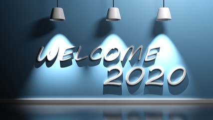 Welcome 2020 write at blue wall with lamps - 3D rendering illustration