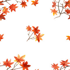 Watercolor hand painted autumn nature seamless pattern with orange maple leaves on brown branches isolated on the white background for textile, wallpapers and holiday celebration postcards