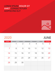 Calendar 2020 template, Desk calendar, wall calendar 2020, JUNE month, poster, planner template. red background, simple vertical artwork