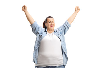 Happy corpulent woman holding her hands up