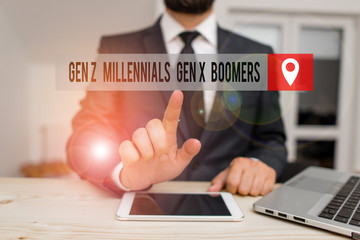 Handwriting text writing Gen Z Millennials Gen X Boomers. Conceptual photo Generational differences Old Young showing