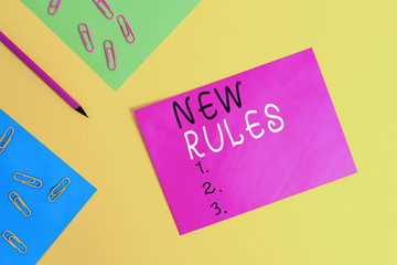 Word writing text New Rules. Business photo showcasing A state of changing an iplemented policy for...