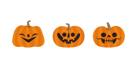 Set of cute halloween pumpkins with funny faces. Vector illustration.