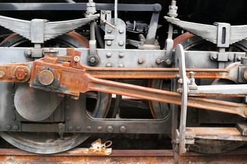 Industrial or transportation or steam punk vintage background with detail of old rusty steam locomotive featuring crank mechanism, frame, wheels and suspension system. 