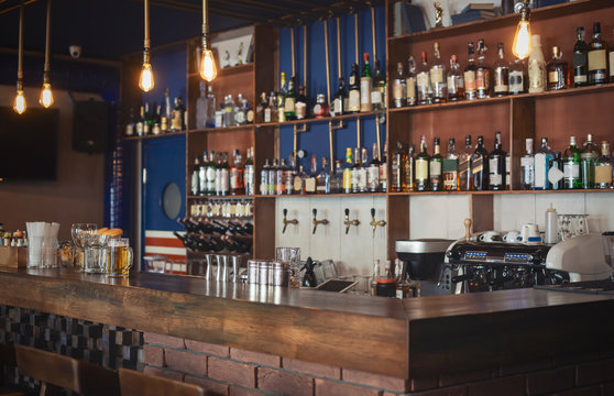 Cozy image of empty wooden bar or pub