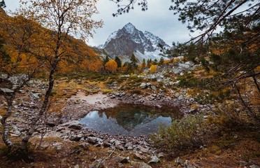reflection of snowy mountain in lake