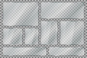 Set glass plate on transparent background, clear glass showcase, realistic window mockup, acrylic and glass texture with glares and light, realistic transparent glass window in rectangle frame