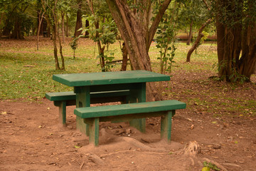 Banco com mesa verde para pic-nic no parque do Ibirapuera, São Paulo, Brasil