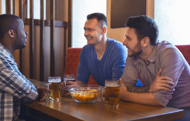 Fototapeta na wymiar Cheerful mates talking at bar while drinking beer