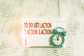 Conceptual hand writing showing To Do List 1Action 2Action 3Action. Concept meaning putting day priorities in order