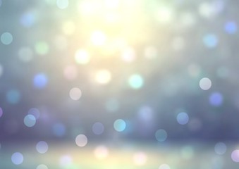 New Year 3d background. Bokeh studio decoration. Fairy tale holiday illustration. Bright lights flies into empty room. Blurred pattern.