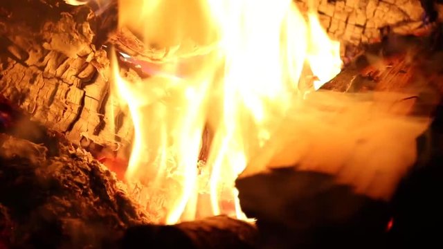 Close up of fire burning in a camp fire pit at night