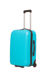 Blue travel suitcase isolated on white background.