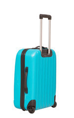 Modern bright suitcase on white background.