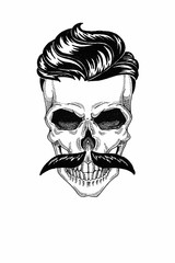 Monochrome illustration barbershop of skull with beard, mustache, hipster haircut and on white background, cartoon, angry, beautiful, brutal.