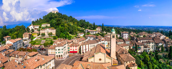 Italy Asolo medieval borgo panorama with Venetian fortress in Treviso hills Veneto City of a Hundred Horizons ultra wide high resolution landscape World Print gigapixel wall art © Freesurf