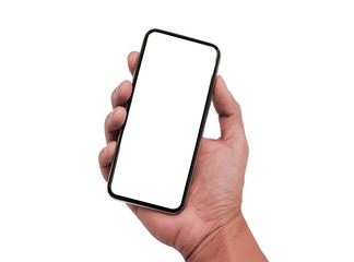 Hdand holding Smartphone frameless mockup. Studio shot of Smartphone iPhone 11 Pro Max with blank screen for Infographic Global Business web site design app -include clipping pat