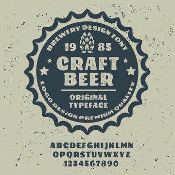 "Craft beer" typeface. Vector hand crafted font in medieval style with hops. Good for posters, alcohol label and festival invitation.Letters and numbers.Vector illustration.