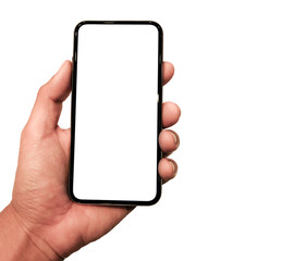 Hdand holding Smartphone frameless mockup. Studio shot of Smartphone iPhone 11 Pro Max with blank screen for Infographic Global Business web site design app -include clipping pat