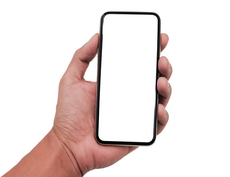 Hdand holding Smartphone frameless mockup. Studio shot of Smartphone iPhone 11 Pro Max with blank screen for Infographic Global Business web site design app -include clipping pat