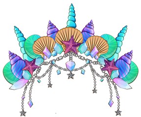 Crown or tiara in nautical style of gold and shells isolated on white background. Dazzling Crown Modern Mermaids © SamsonFM