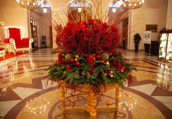 Christmas red decoration in a big holl with nobody