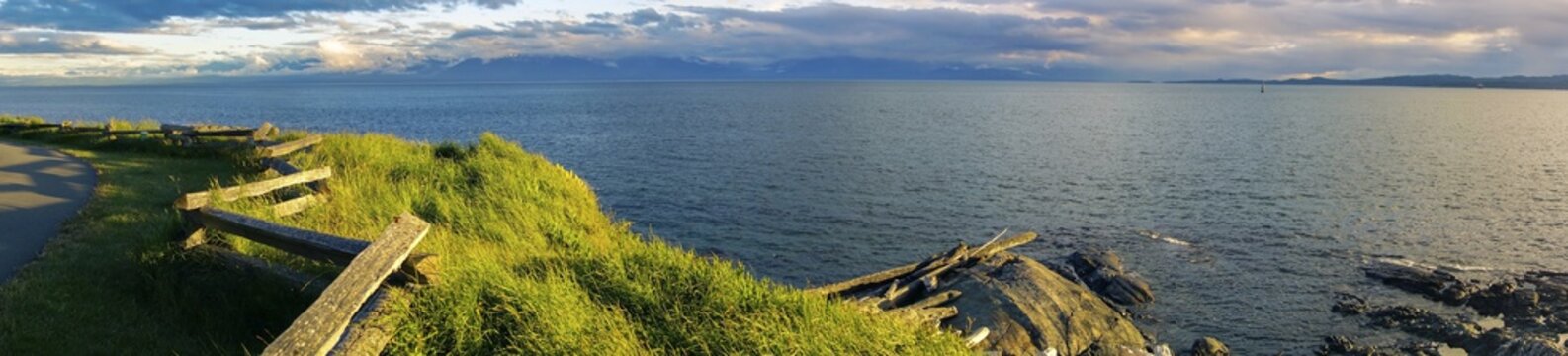 Wide Panoramic Seascape View of Juan De Fuca Strait and Distant Olympic Peninsula from Dallas Street Waterfront, Victoria BC Vancouver Island Canada