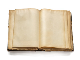 An open old book with yellowed pages