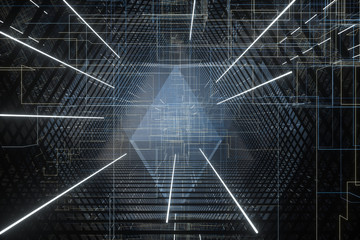 Dark triangle tunnel with glowing hud lines, 3d rendering