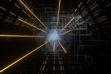 Dark triangle tunnel with glowing hud lines, 3d rendering